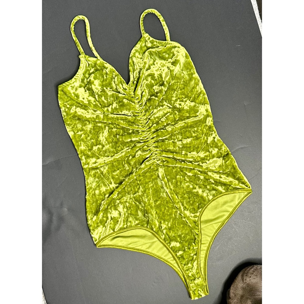 Bisou Bisou Michele Bohbot Lime Green Crushed Velvet Ruched Bodysuit Small